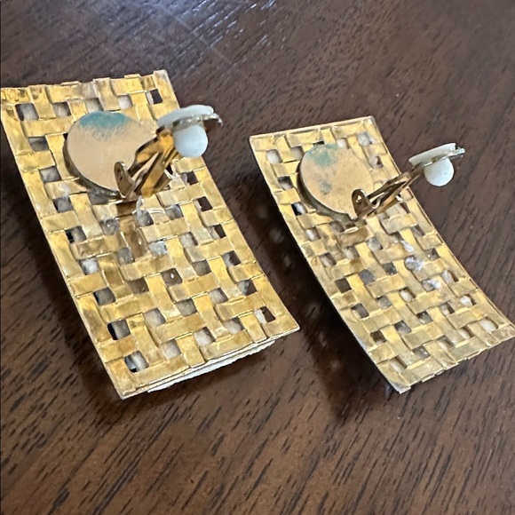 Black & White Zebra Print Large Rectangle Gold Tone Clip Earrings w/ Rhinestones - Picture 5 of 5